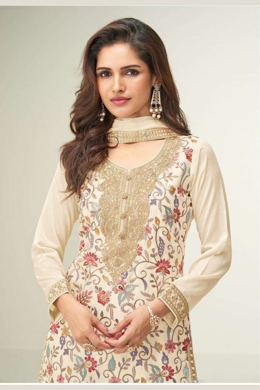 Cream Chinon Silk Plazo Suit For Indian & Pakistani Wedding Festival - Embroidery Work