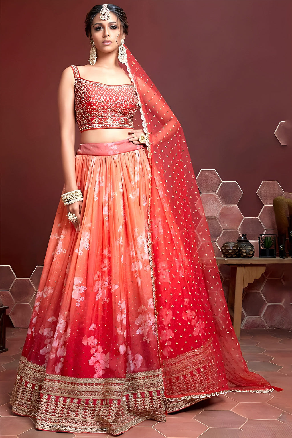 Orange Banglori Silk Party Wear Lehenga Choli For Indian & Pakistani Wedding Festival - Embroidery Work, Real Mirror Work, Print Work, Swarovski Work