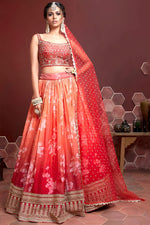 Orange Banglori Silk Party Wear Lehenga Choli For Indian & Pakistani Wedding Festival - Embroidery Work, Real Mirror Work, Print Work, Swarovski Work