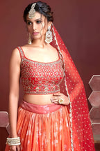 Orange Banglori Silk Party Wear Lehenga Choli For Indian & Pakistani Wedding Festival - Embroidery Work, Real Mirror Work, Print Work, Swarovski Work