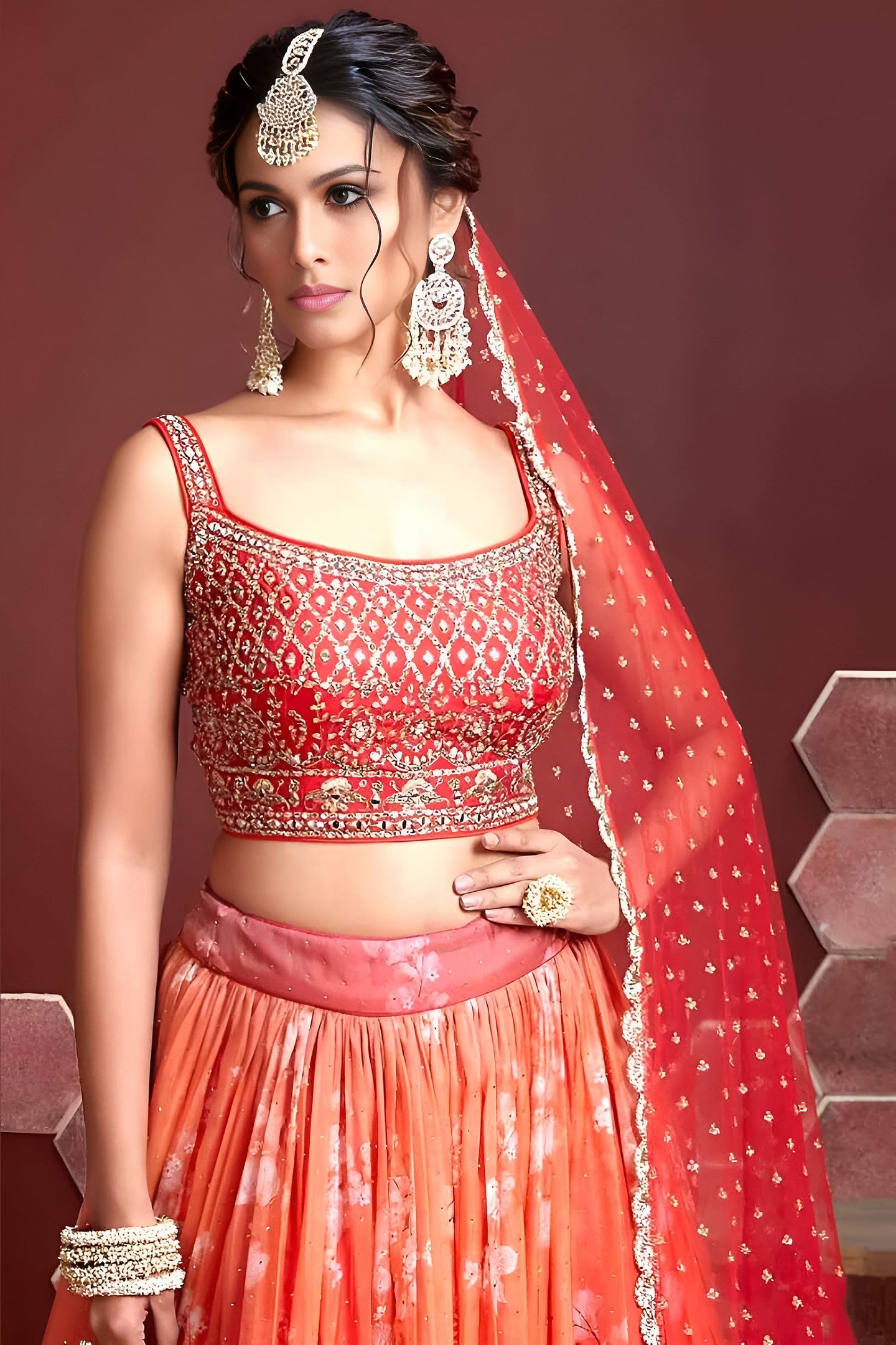 Orange Banglori Silk Party Wear Lehenga Choli For Indian & Pakistani Wedding Festival - Embroidery Work, Real Mirror Work, Print Work, Swarovski Work