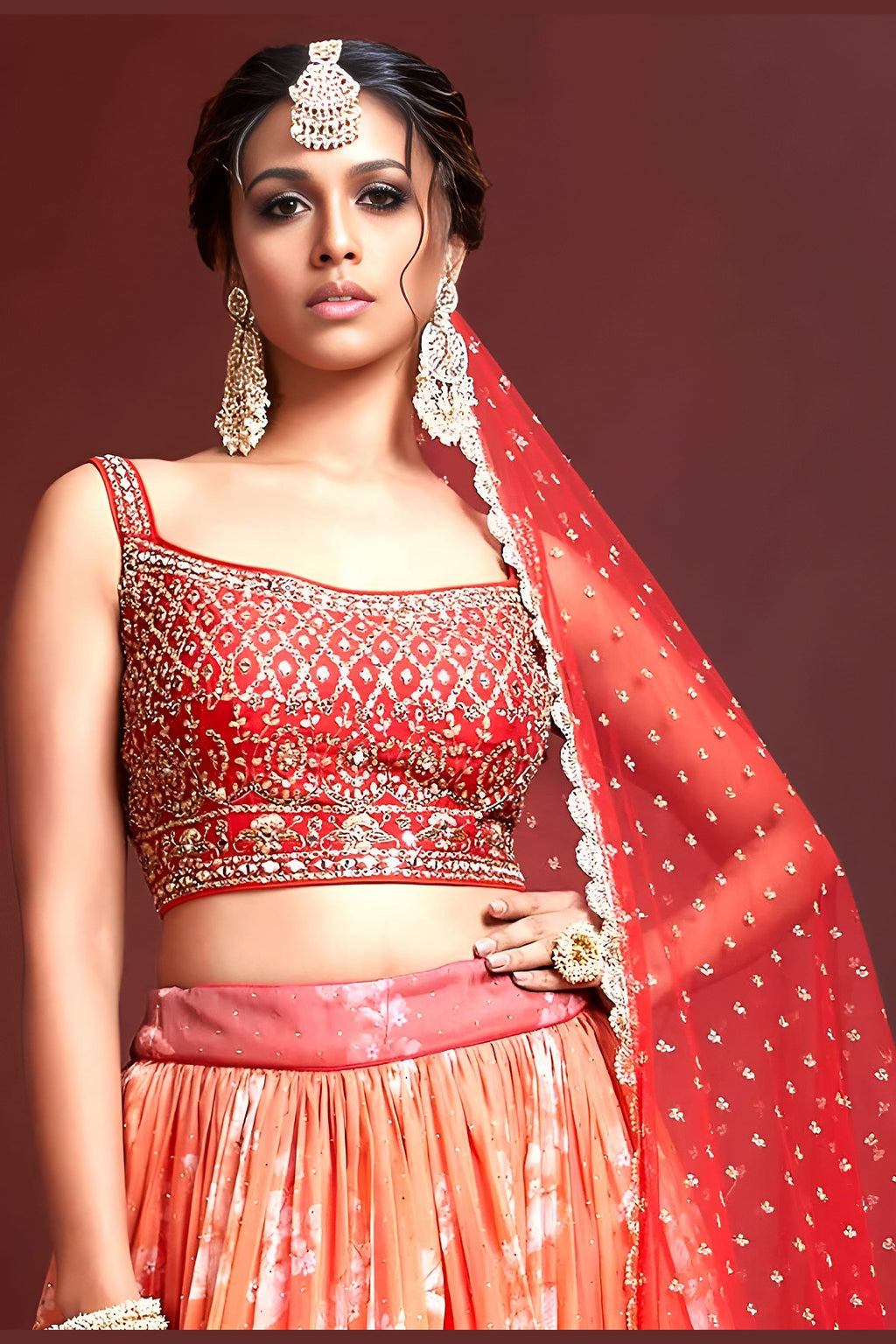 Orange Banglori Silk Party Wear Lehenga Choli For Indian & Pakistani Wedding Festival - Embroidery Work, Real Mirror Work, Print Work, Swarovski Work