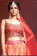 Orange Banglori Silk Party Wear Lehenga Choli For Indian & Pakistani Wedding Festival - Embroidery Work, Real Mirror Work, Print Work, Swarovski Work