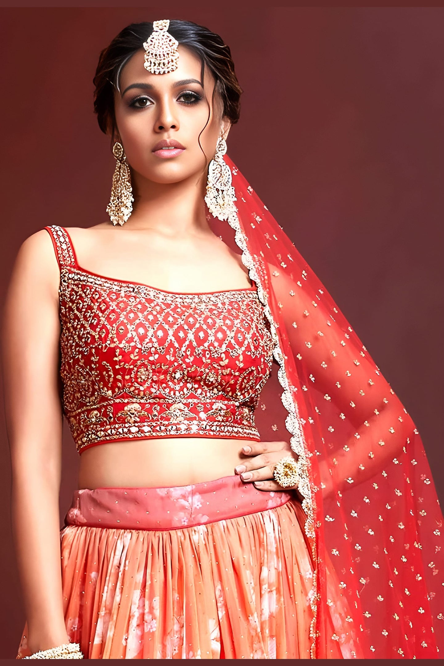 Orange Banglori Silk Party Wear Lehenga Choli For Indian & Pakistani Wedding Festival - Embroidery Work, Real Mirror Work, Print Work, Swarovski Work
