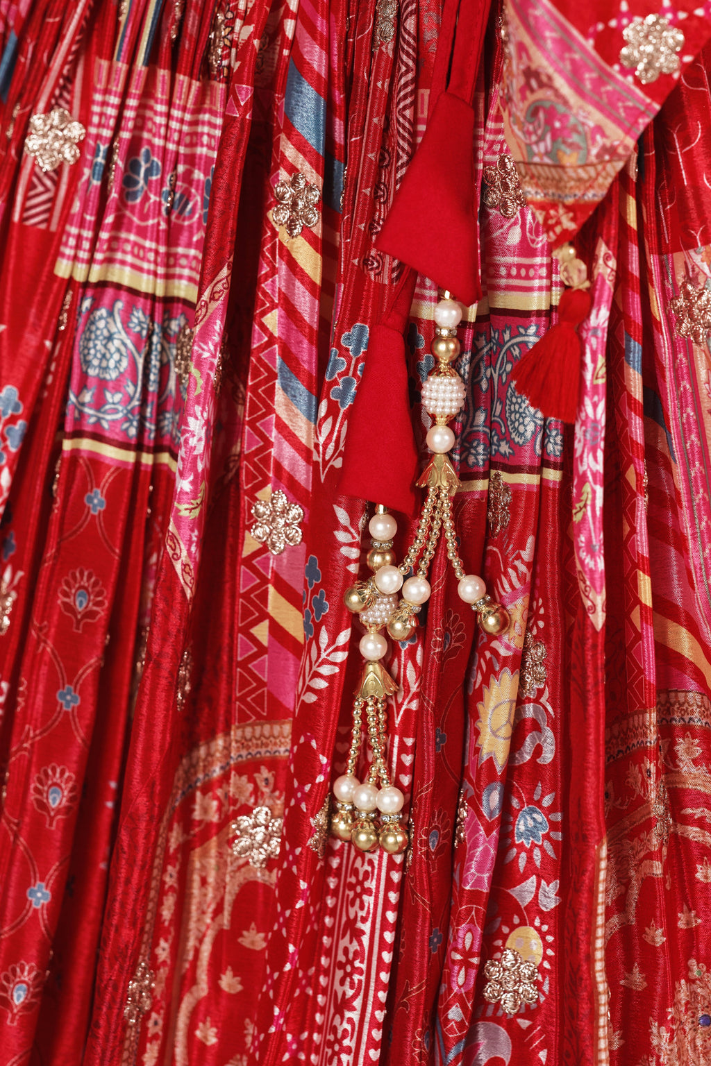 Red Chinon Silk Lehenga Choli For Indian & Pakistani Wedding Festival - Print Work, Dori Work, Zari Work