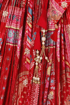 Red Chinon Silk Lehenga Choli For Indian & Pakistani Wedding Festival - Print Work, Dori Work, Zari Work