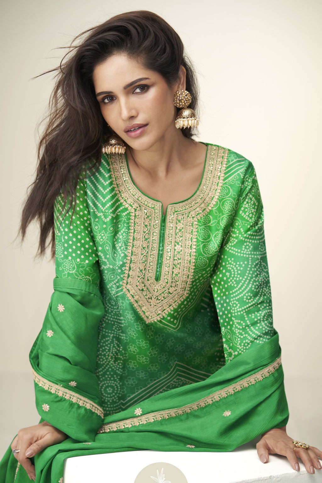 Green Chinon Silk Plazo Suit For Indian & Pakistani Wedding Festival - Embroidery Work, Print Work