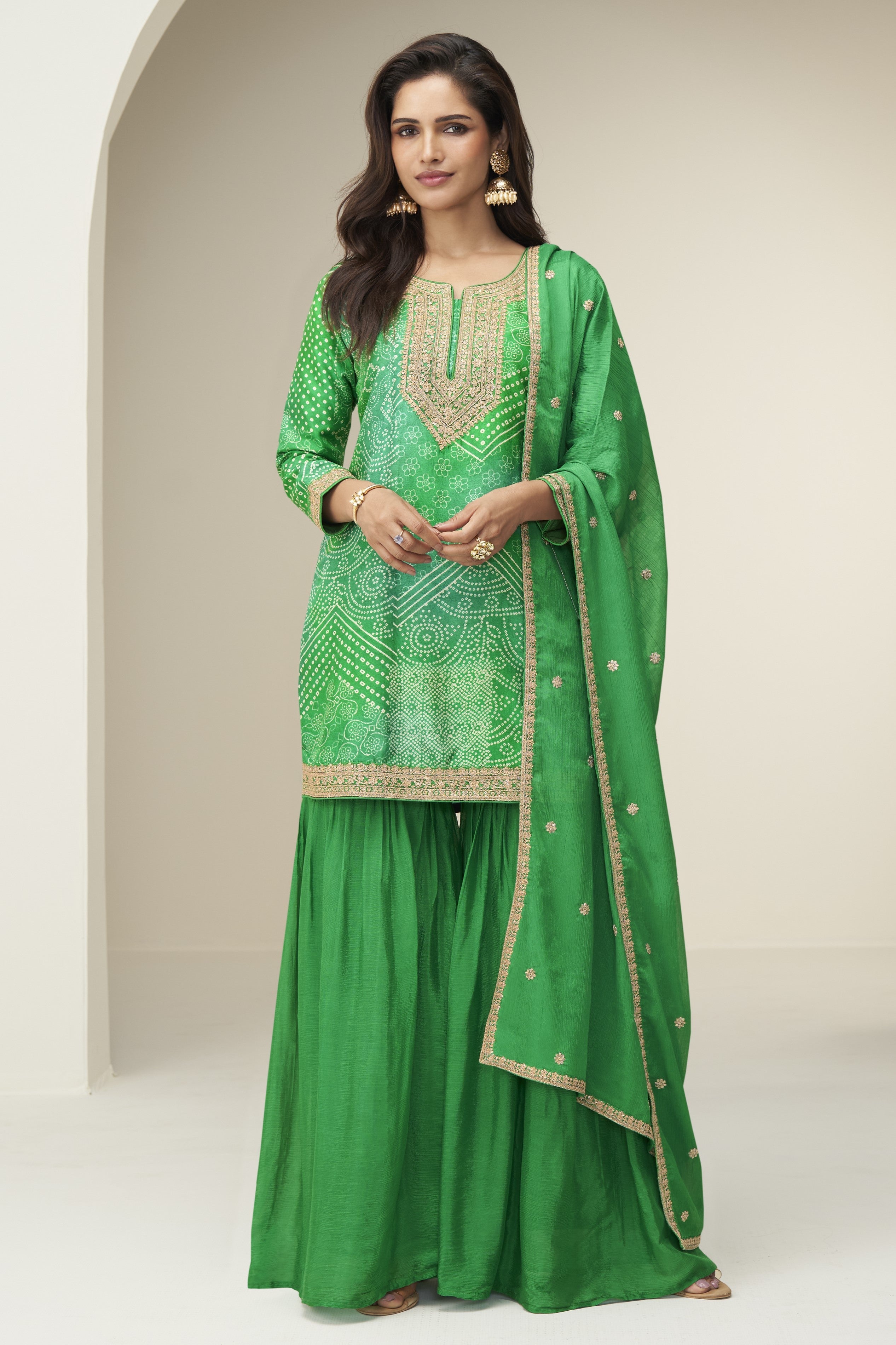 Green Chinon Silk Plazo Suit For Indian & Pakistani Wedding Festival - Embroidery Work, Print Work