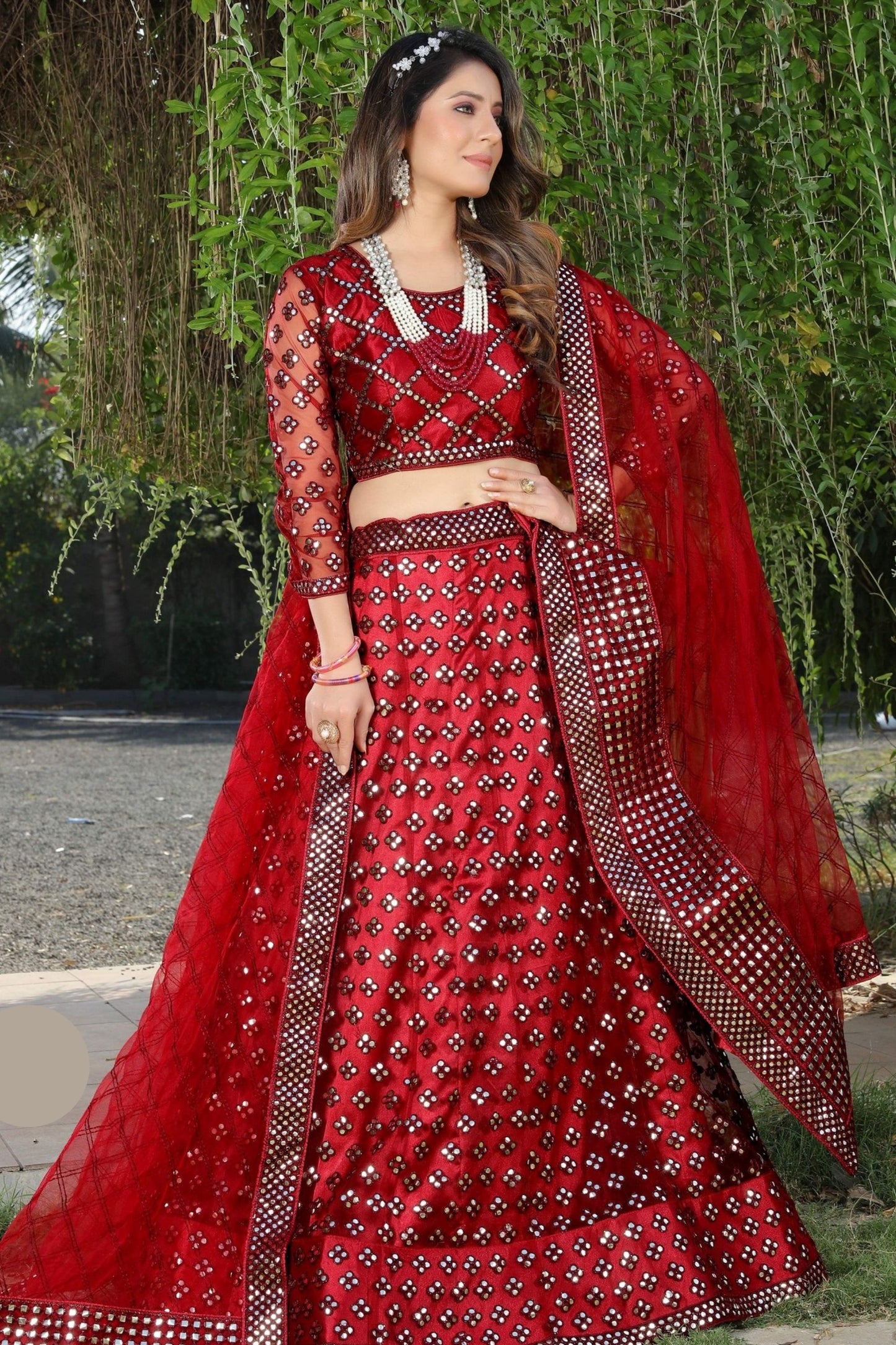 Maroon Pakistani Net Lehenga Choli For Indian Festivals & Weddings - Thread Embroidery Work, Mirror Work