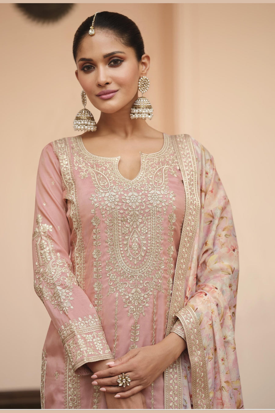 Baby Pink Chinon Silk Pastel Color Plazo Suit Floral For Indian & Pakistani Wedding Festival - Thread & Sequins Embroidery Work, Print Work