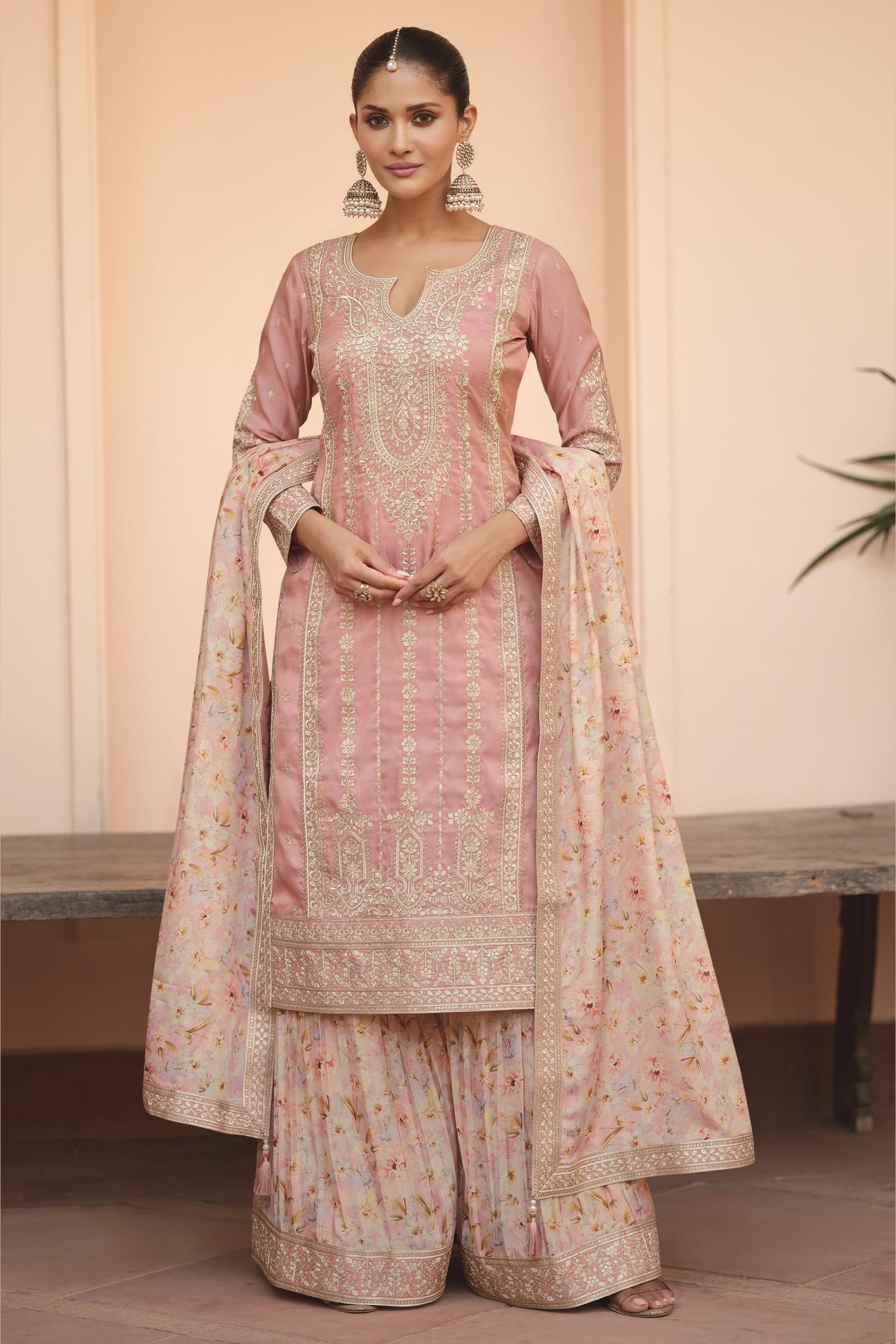 Baby Pink Chinon Silk Pastel Color Plazo Suit Floral For Indian & Pakistani Wedding Festival - Thread & Sequins Embroidery Work, Print Work