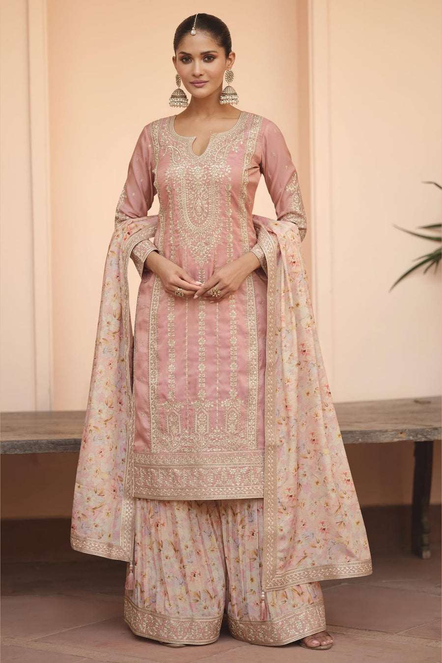 Baby Pink Chinon Silk Pastel Color Plazo Suit Floral For Indian & Pakistani Wedding Festival - Thread & Sequins Embroidery Work, Print Work