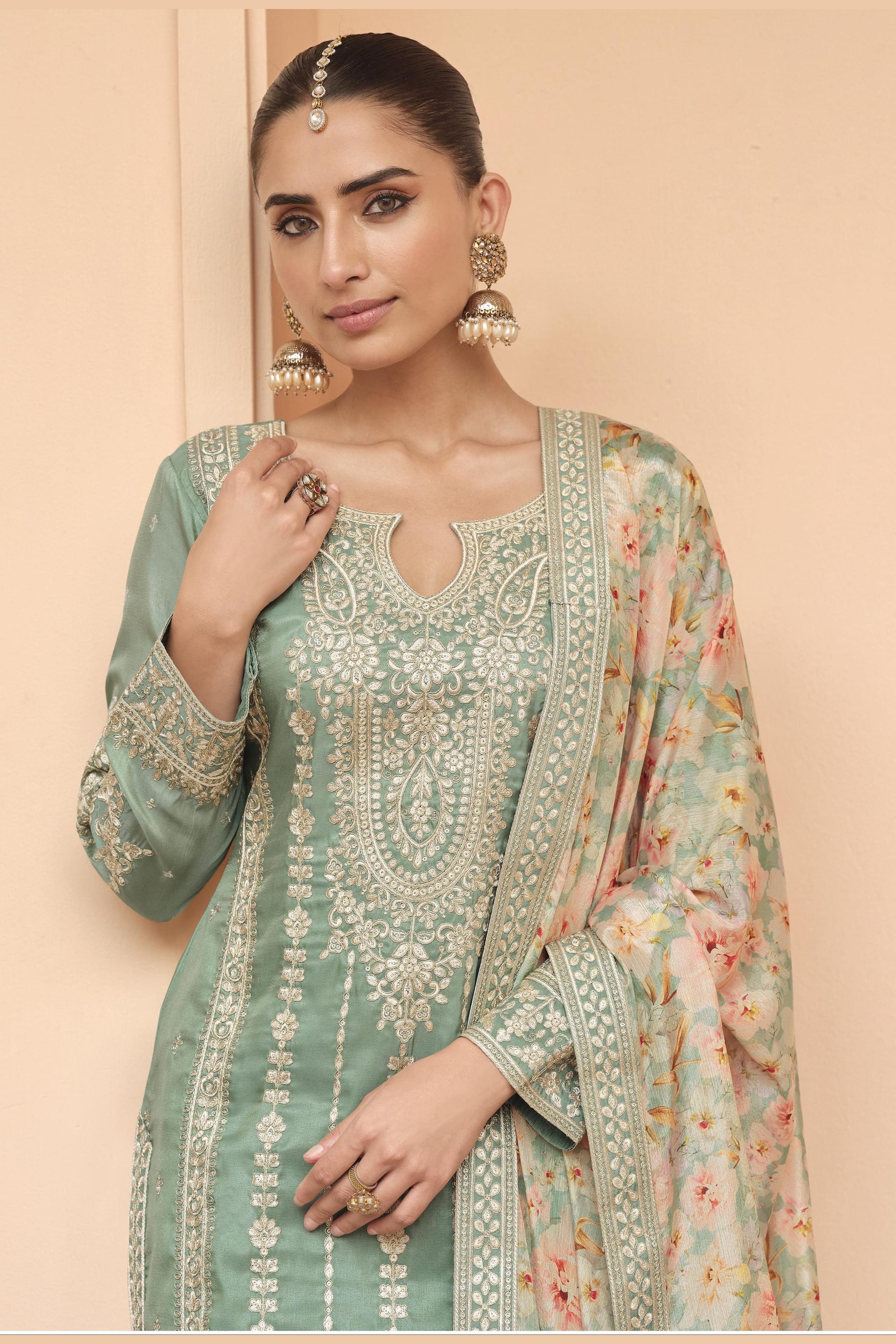 Light Green Chinon Silk Pastel Color Plazo Suit Floral For Indian & Pakistani Wedding Festival - Thread & Sequins Embroidery Work, Print Work
