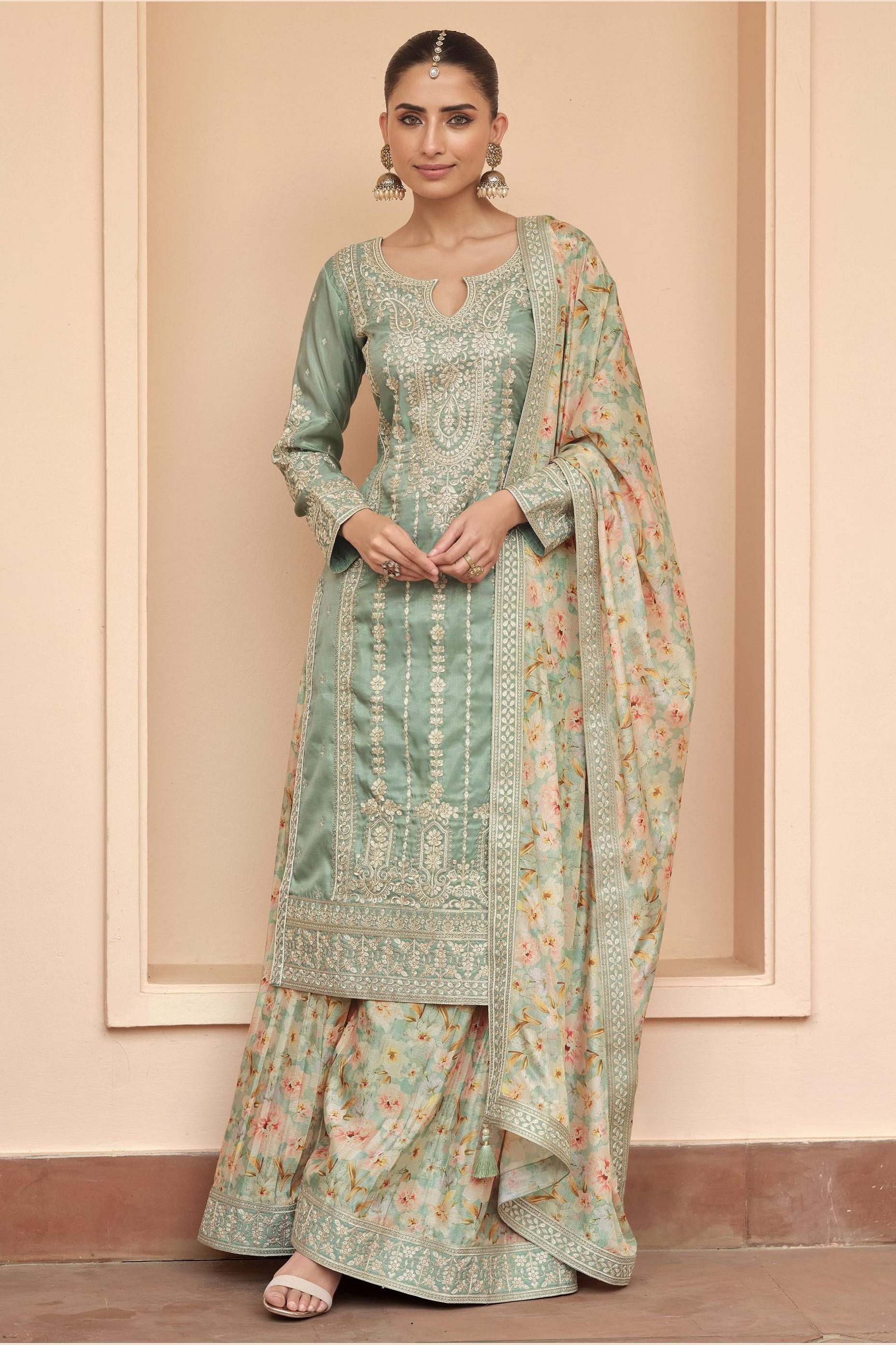 Light Green Chinon Silk Pastel Color Plazo Suit Floral For Indian & Pakistani Wedding Festival - Thread & Sequins Embroidery Work, Print Work