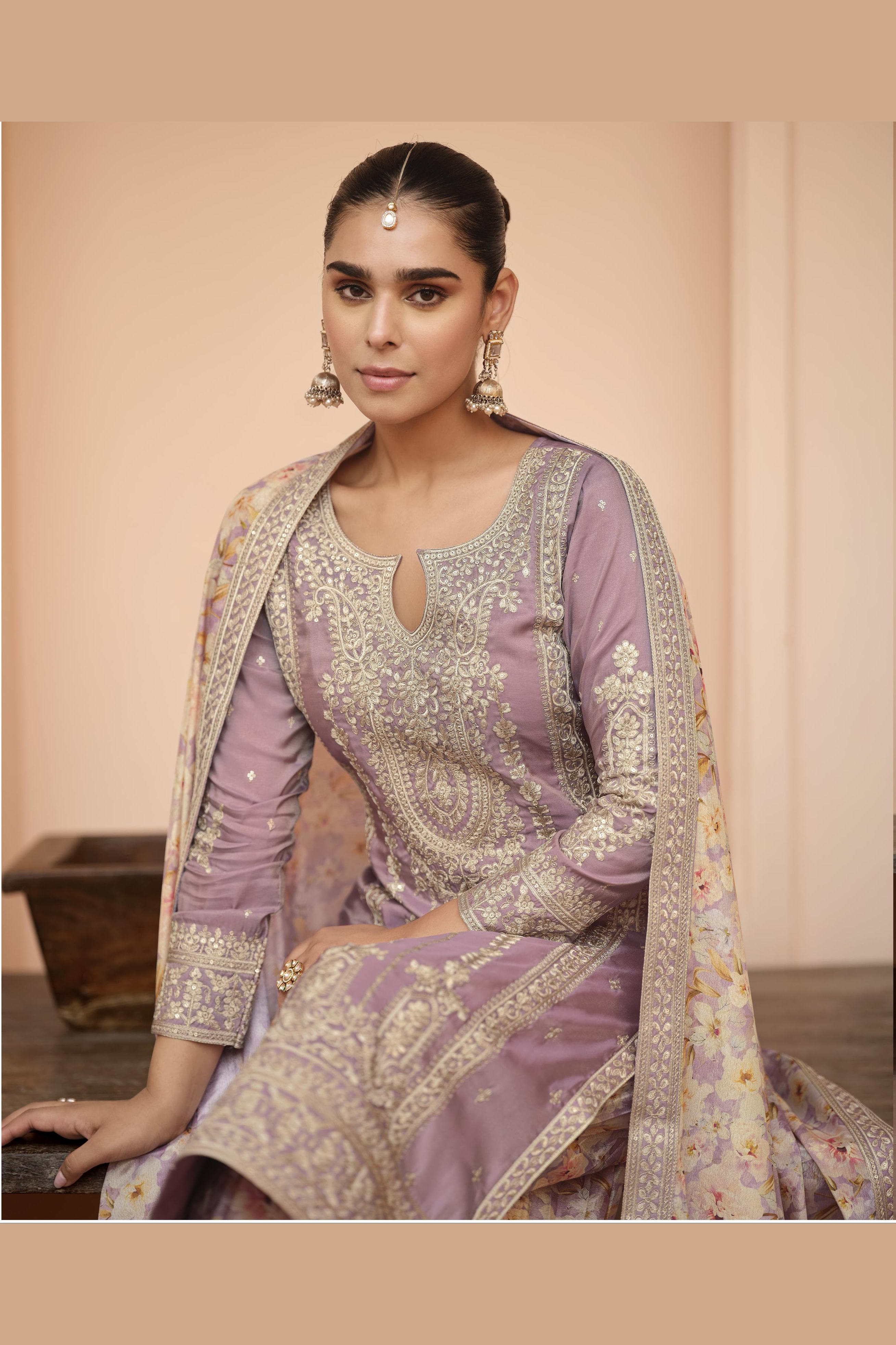 Light Purple Chinon Silk Pastel Color Plazo Suit Floral For Indian & Pakistani Wedding Festival - Thread & Sequins Embroidery Work, Print Work