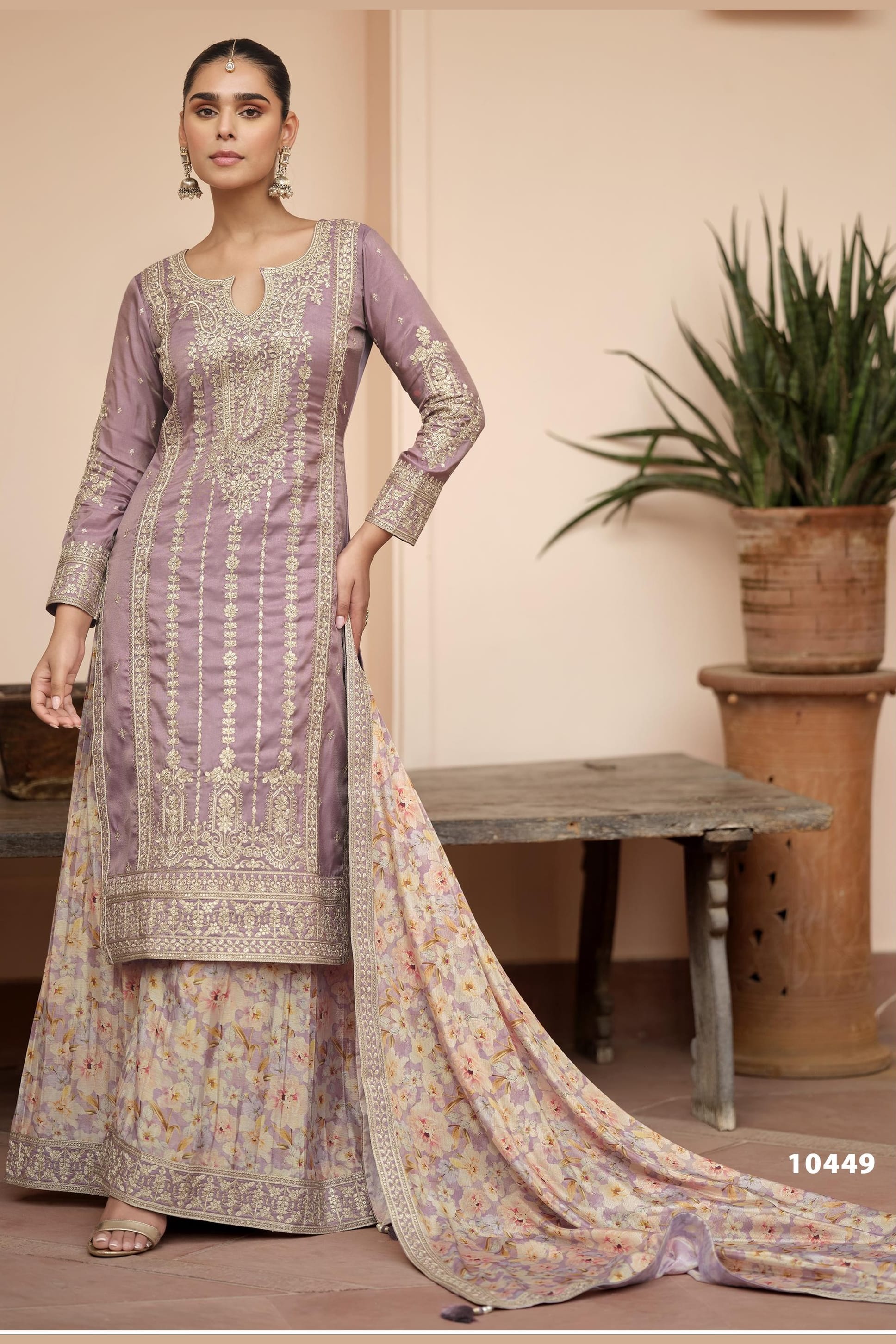 Light Purple Chinon Silk Pastel Color Plazo Suit Floral For Indian & Pakistani Wedding Festival - Thread & Sequins Embroidery Work, Print Work
