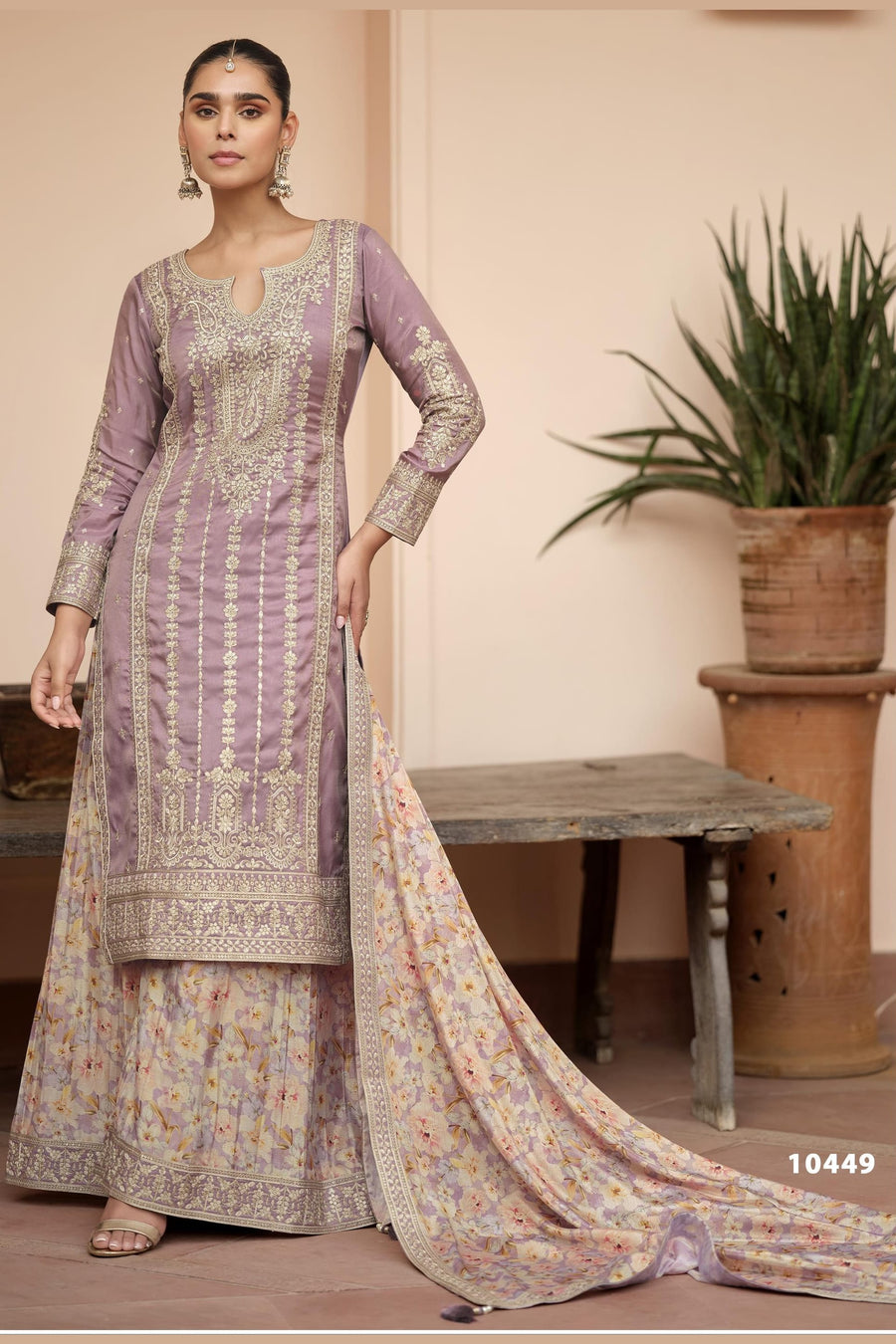 Light Purple Chinon Silk Pastel Color Plazo Suit Floral For Indian & Pakistani Wedding Festival - Thread & Sequins Embroidery Work, Print Work