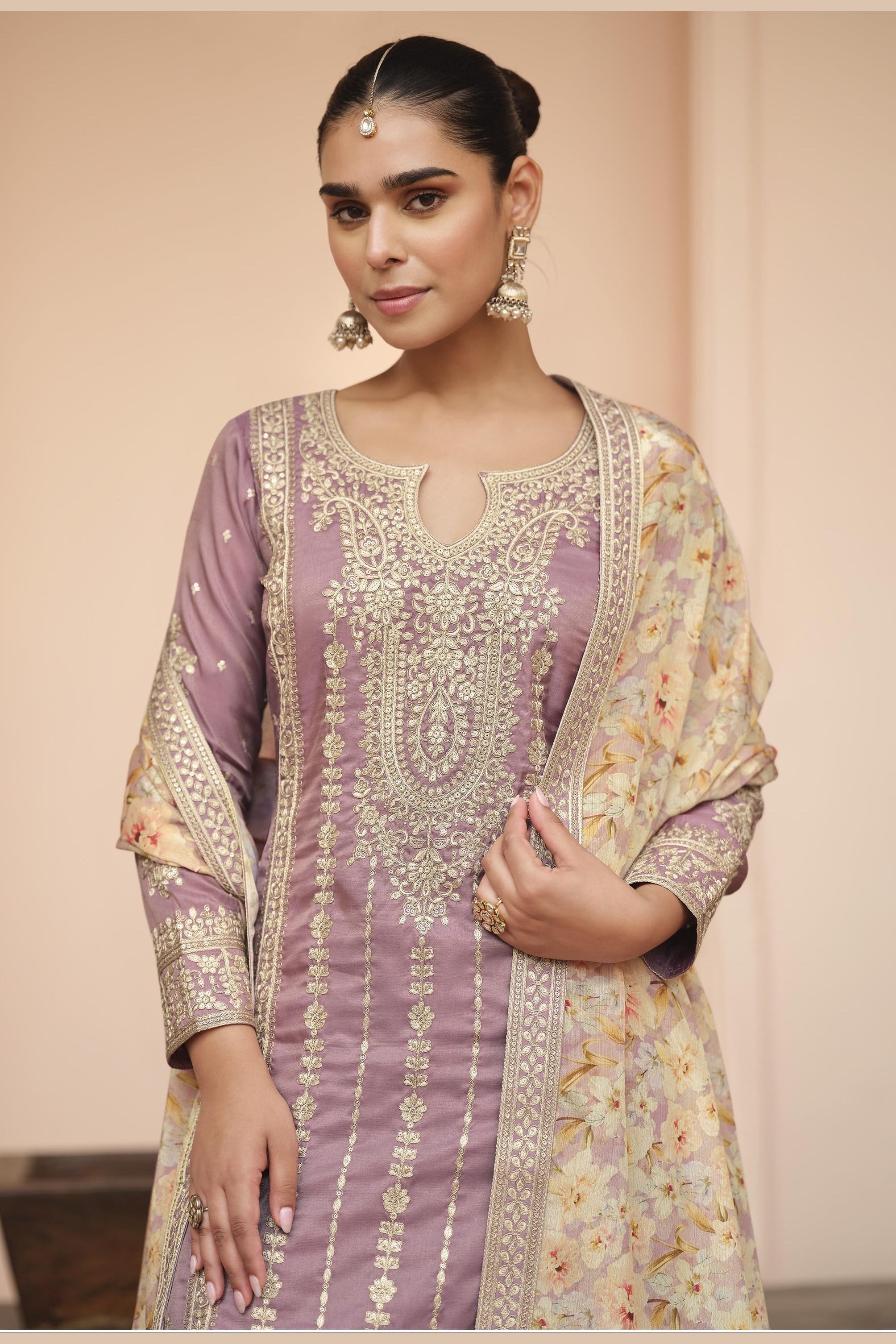 Light Purple Chinon Silk Pastel Color Plazo Suit Floral For Indian & Pakistani Wedding Festival - Thread & Sequins Embroidery Work, Print Work