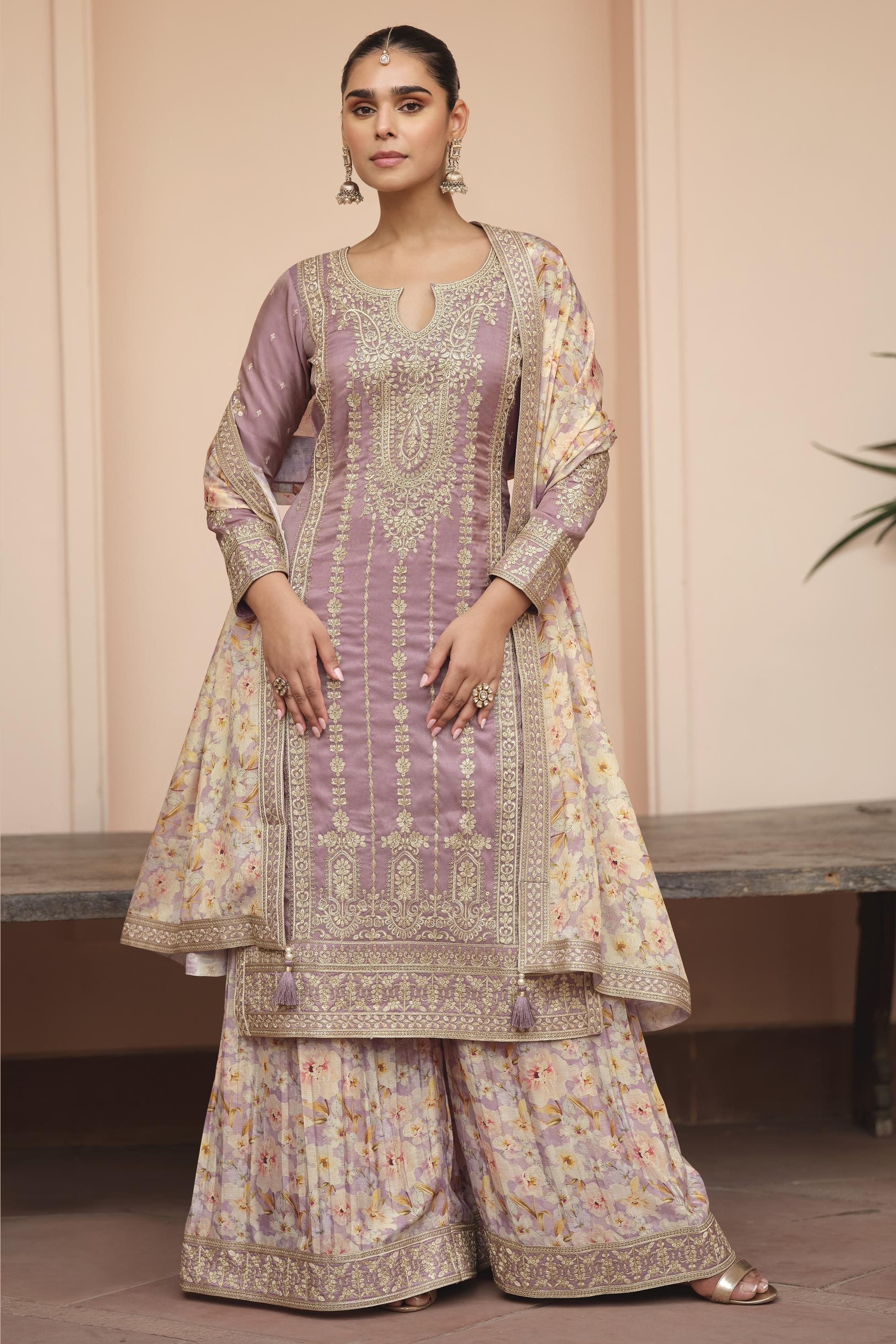 Light Purple Chinon Silk Pastel Color Plazo Suit Floral For Indian & Pakistani Wedding Festival - Thread & Sequins Embroidery Work, Print Work