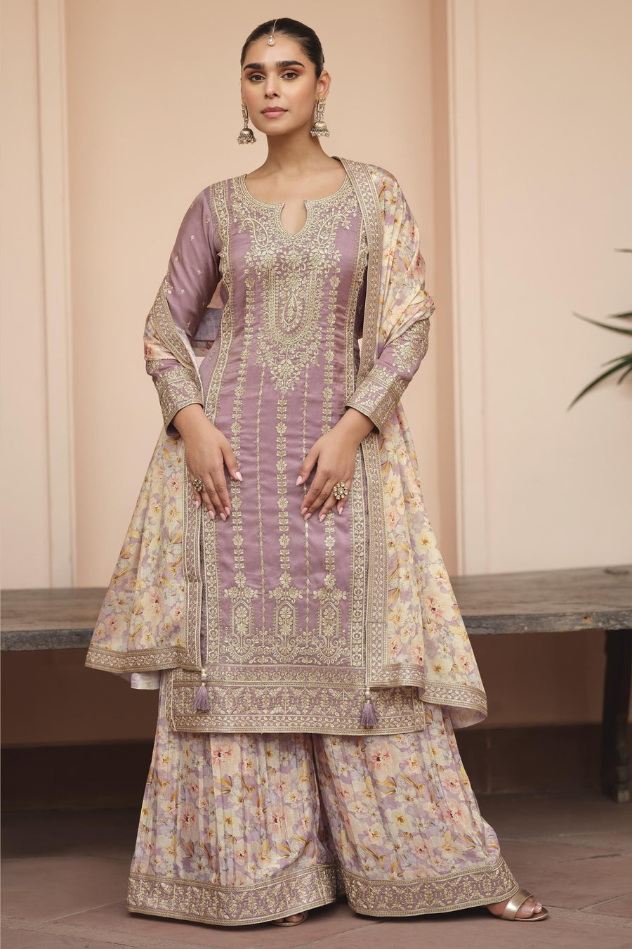 Light Purple Chinon Silk Pastel Color Plazo Suit Floral For Indian & Pakistani Wedding Festival - Thread & Sequins Embroidery Work, Print Work