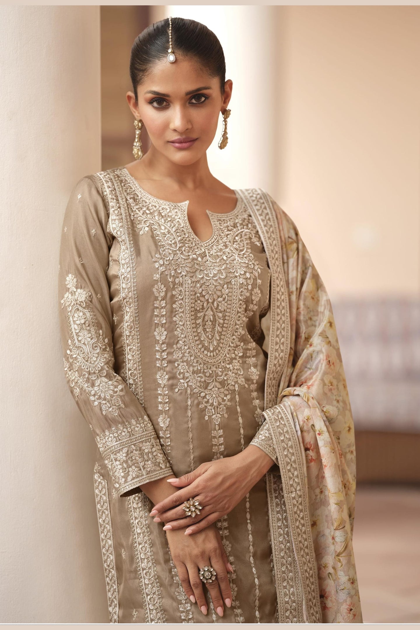 Beige Chinon Silk Pastel Color Plazo Suit Floral For Indian & Pakistani Wedding Festival - Thread & Sequins Embroidery Work, Print Work