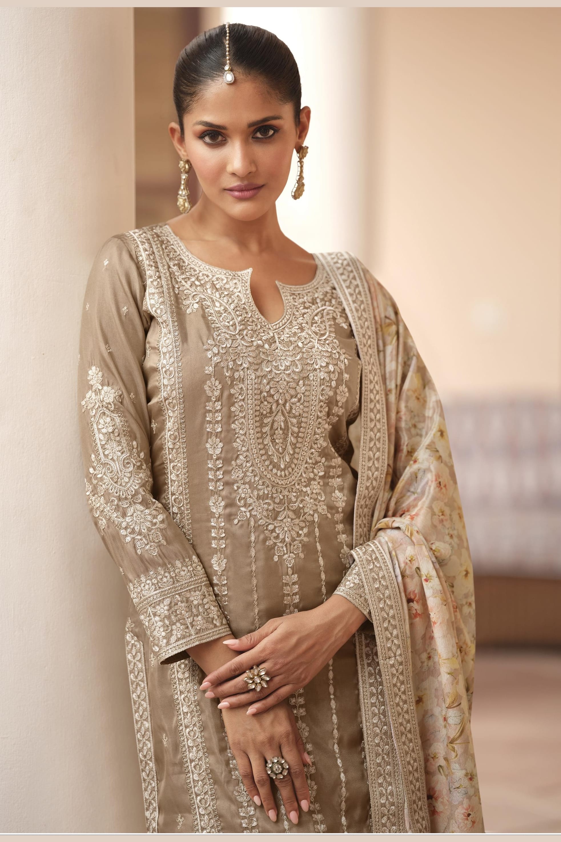 Beige Chinon Silk Pastel Color Plazo Suit Floral For Indian & Pakistani Wedding Festival - Thread & Sequins Embroidery Work, Print Work