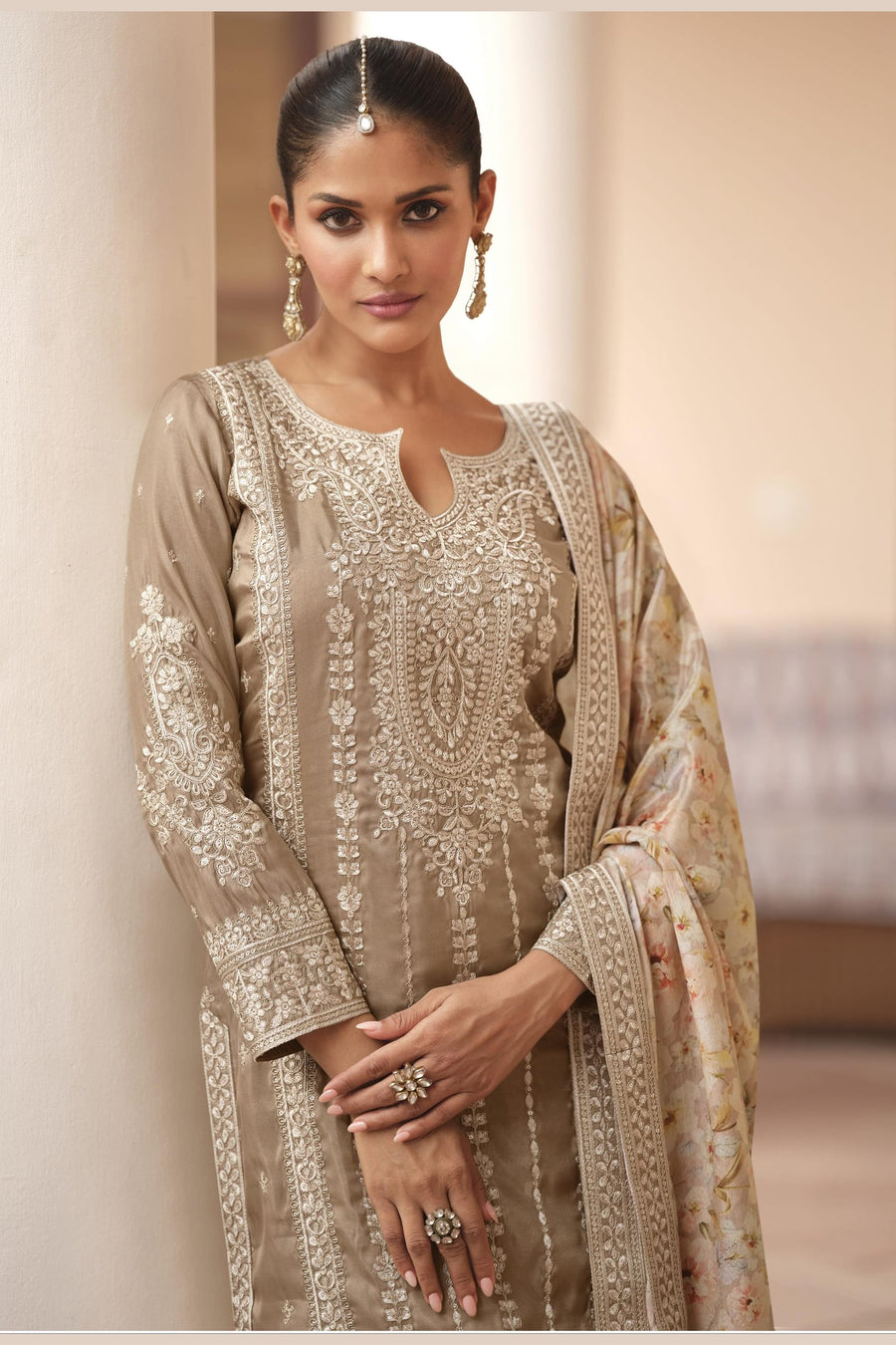 Beige Chinon Silk Pastel Color Plazo Suit Floral For Indian & Pakistani Wedding Festival - Thread & Sequins Embroidery Work, Print Work