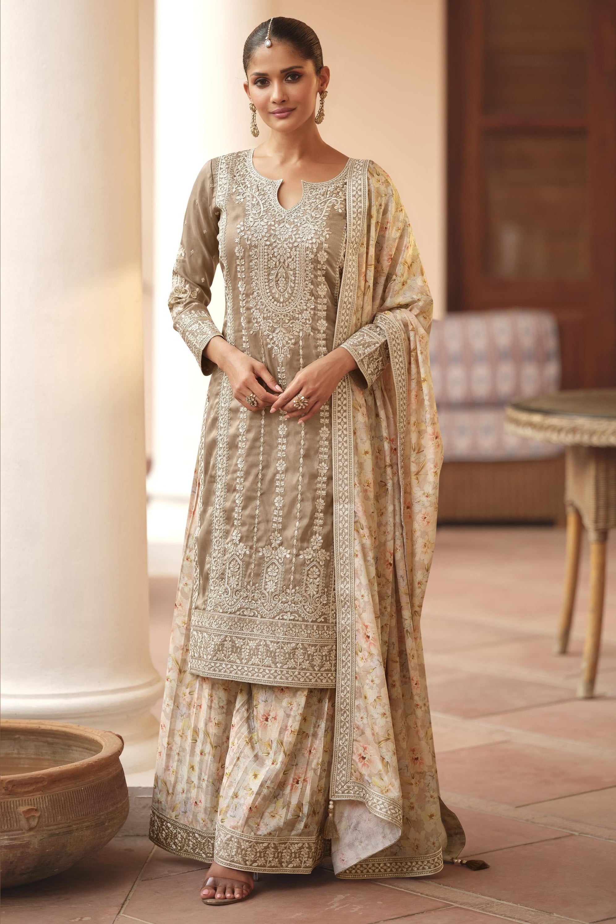 Beige Chinon Silk Pastel Color Plazo Suit Floral For Indian & Pakistani Wedding Festival - Thread & Sequins Embroidery Work, Print Work