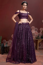 Purple Net Party Wear Lehenga Choli For Indian & Pakistani Wedding Festival - Sequins & Thread Embroidery Work