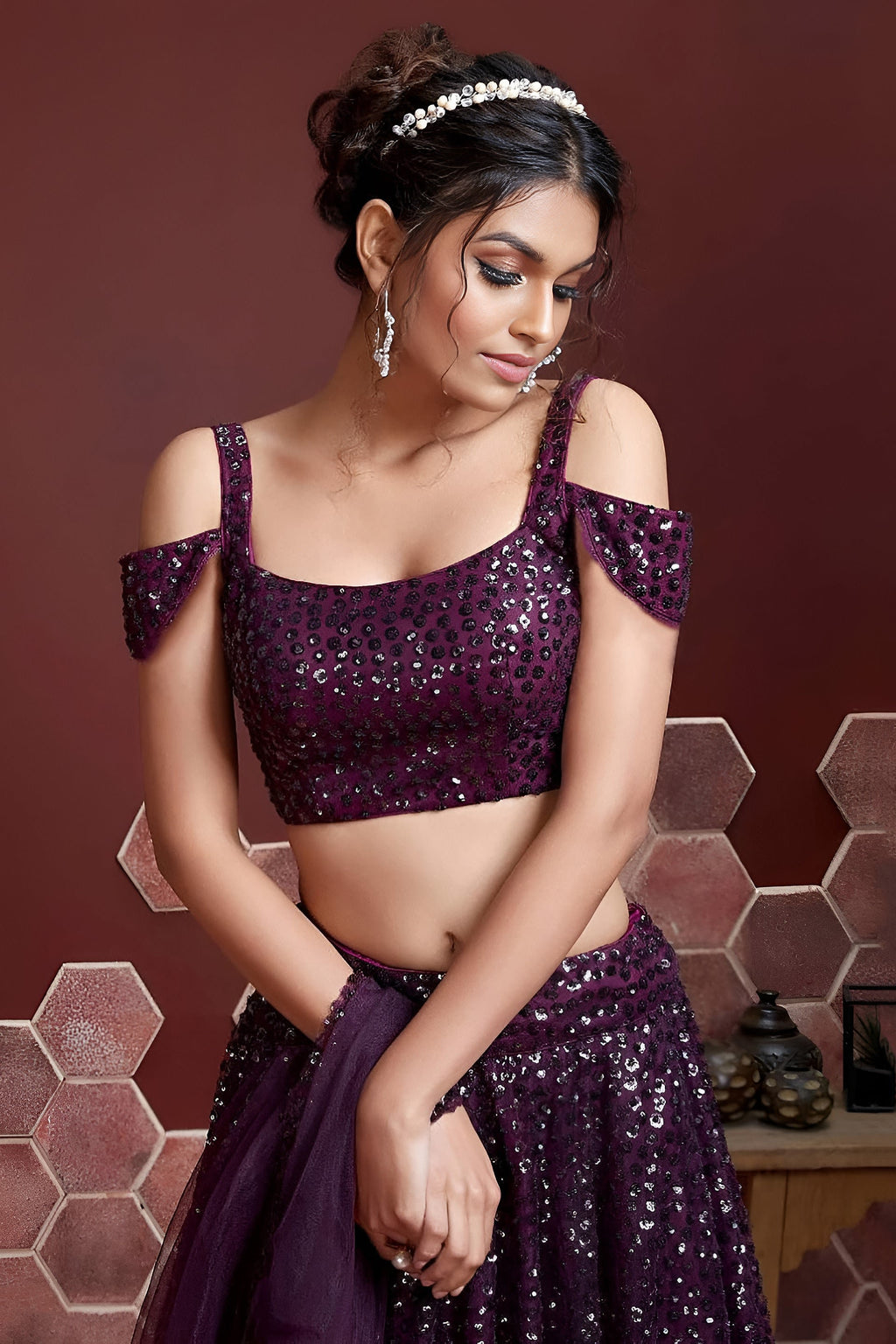 Purple Net Party Wear Lehenga Choli For Indian & Pakistani Wedding Festival - Sequins & Thread Embroidery Work