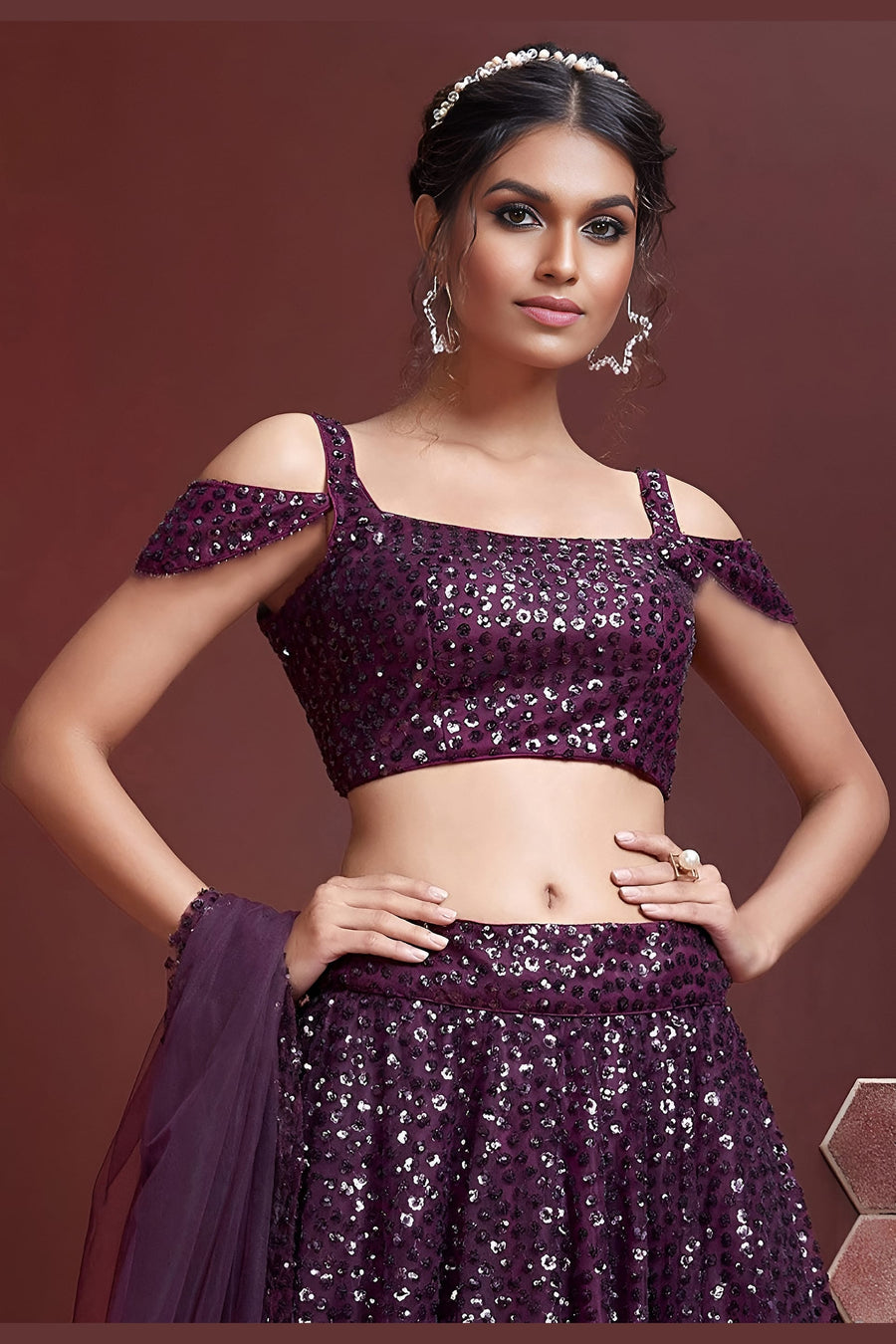 Purple Net Party Wear Lehenga Choli For Indian & Pakistani Wedding Festival - Sequins & Thread Embroidery Work