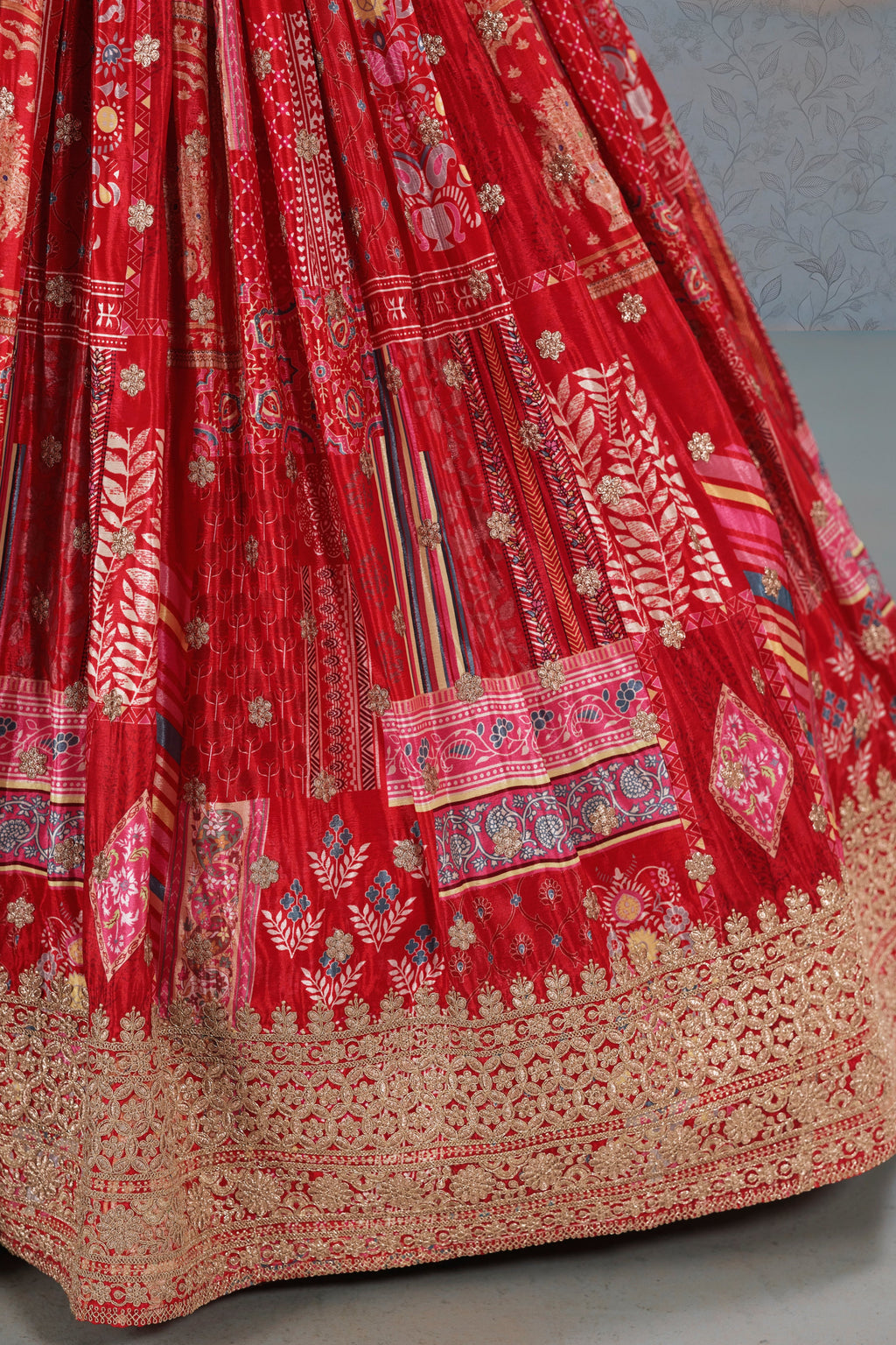 Red Chinon Silk Lehenga Choli For Indian & Pakistani Wedding Festival - Print Work, Dori Work, Zari Work