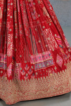 Red Chinon Silk Lehenga Choli For Indian & Pakistani Wedding Festival - Print Work, Dori Work, Zari Work