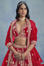 A waist-up front view shows a woman in a red embroidered lehenga choli for party with a V-neck embroidered blouse and net dupatta.