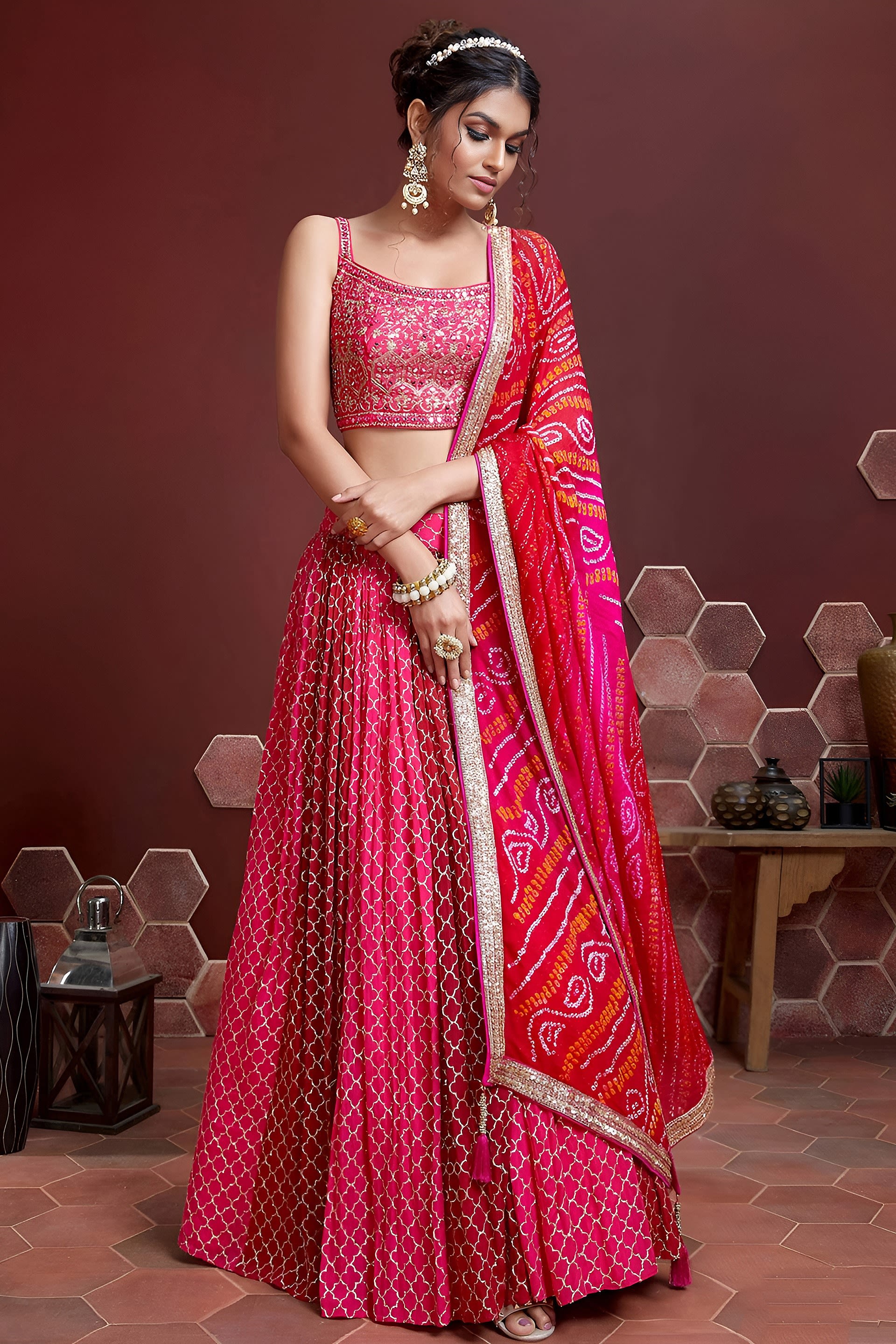 Pink Banglori Silk Party Wear Lehenga Choli For Indian & Pakistani Wedding Festival - Sequins & Thread Embroidery Work, Print Work, Real Mirror Work