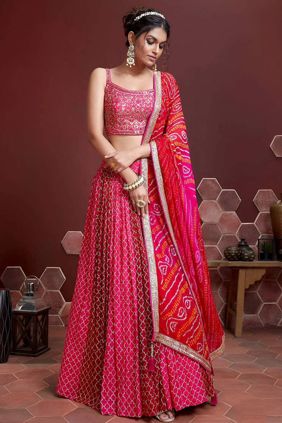 Pink Banglori Silk Party Wear Lehenga Choli For Indian & Pakistani Wedding Festival - Sequins & Thread Embroidery Work, Print Work, Real Mirror Work