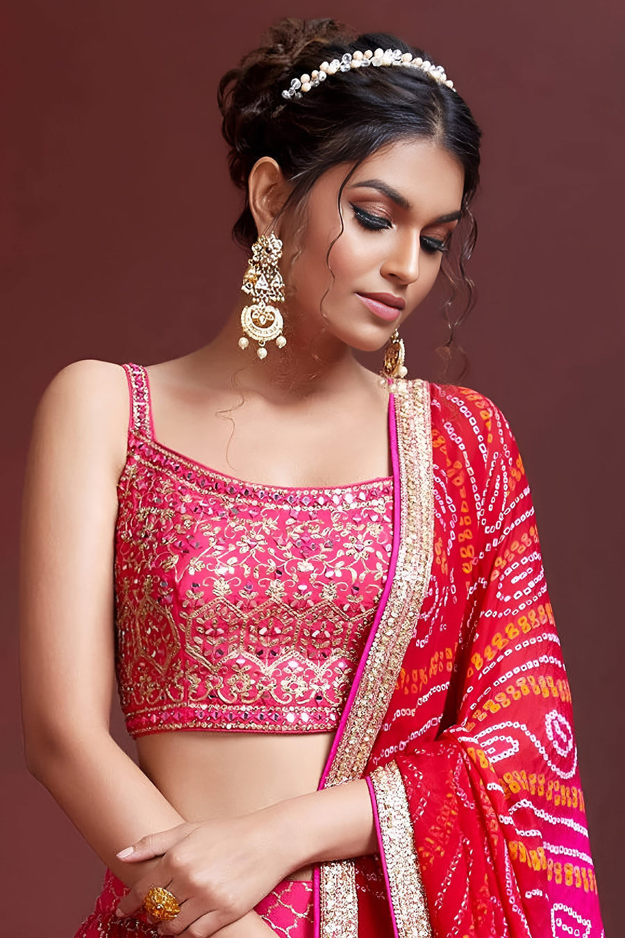 Pink Banglori Silk Party Wear Lehenga Choli For Indian & Pakistani Wedding Festival - Sequins & Thread Embroidery Work, Print Work, Real Mirror Work