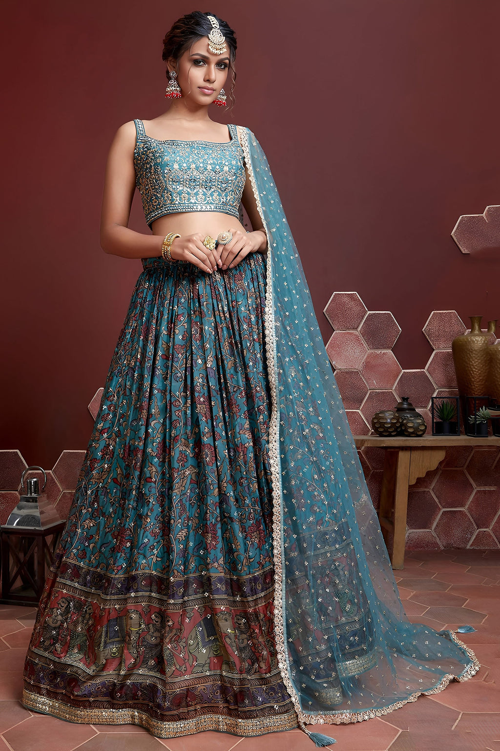 Teal Banglori Silk Party Wear Lehenga Choli For Indian & Pakistani Wedding Festival - Embroidery Work, Print Work, Real Mirror Work