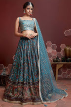 Teal Banglori Silk Party Wear Lehenga Choli For Indian & Pakistani Wedding Festival - Embroidery Work, Print Work, Real Mirror Work