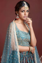 Teal Banglori Silk Party Wear Lehenga Choli For Indian & Pakistani Wedding Festival - Embroidery Work, Print Work, Real Mirror Work