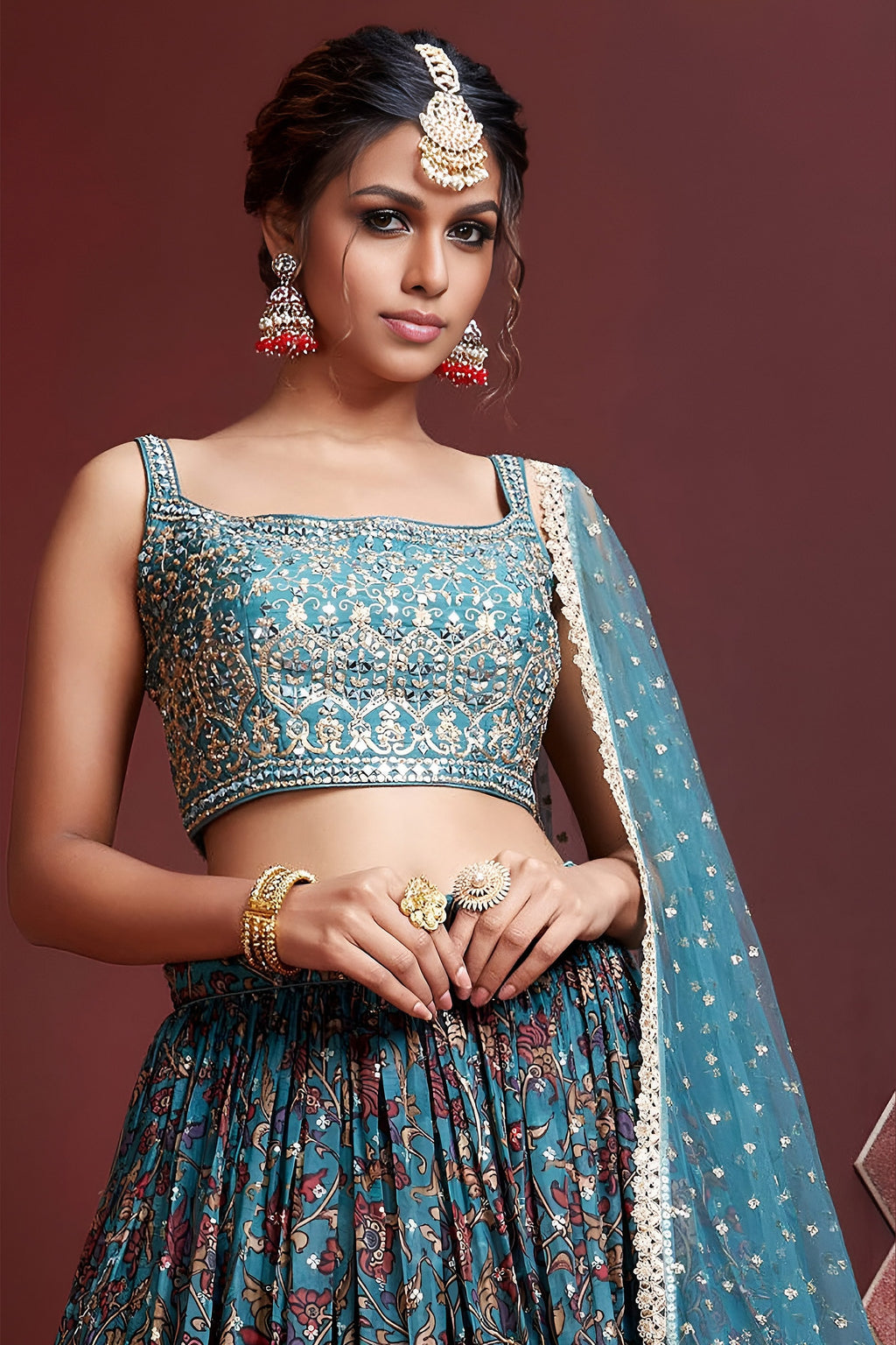 Teal Banglori Silk Party Wear Lehenga Choli For Indian & Pakistani Wedding Festival - Embroidery Work, Print Work, Real Mirror Work