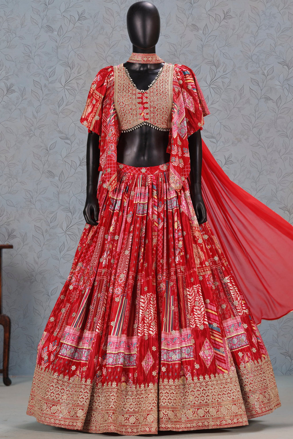 Red Chinon Silk Lehenga Choli For Indian & Pakistani Wedding Festival - Print Work, Dori Work, Zari Work