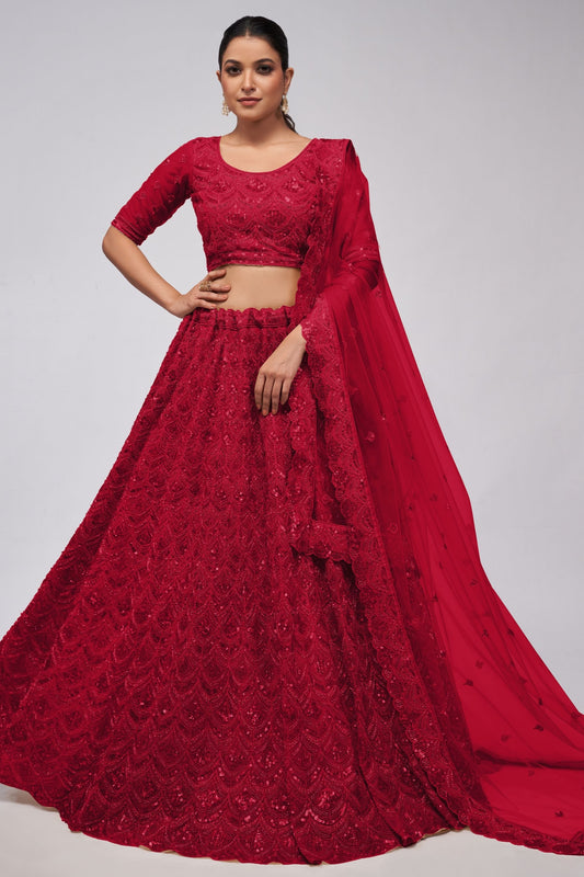 Red Soft Net Lehenga Choli For Indian Festivals & Weddings - Sequins Work, Bead Work, Zarkan Work