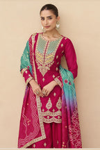 Red Chinon Silk Plazo Suit For Indian & Pakistani Wedding Festival - Sequins & Thread Embroidery Work, Print Work