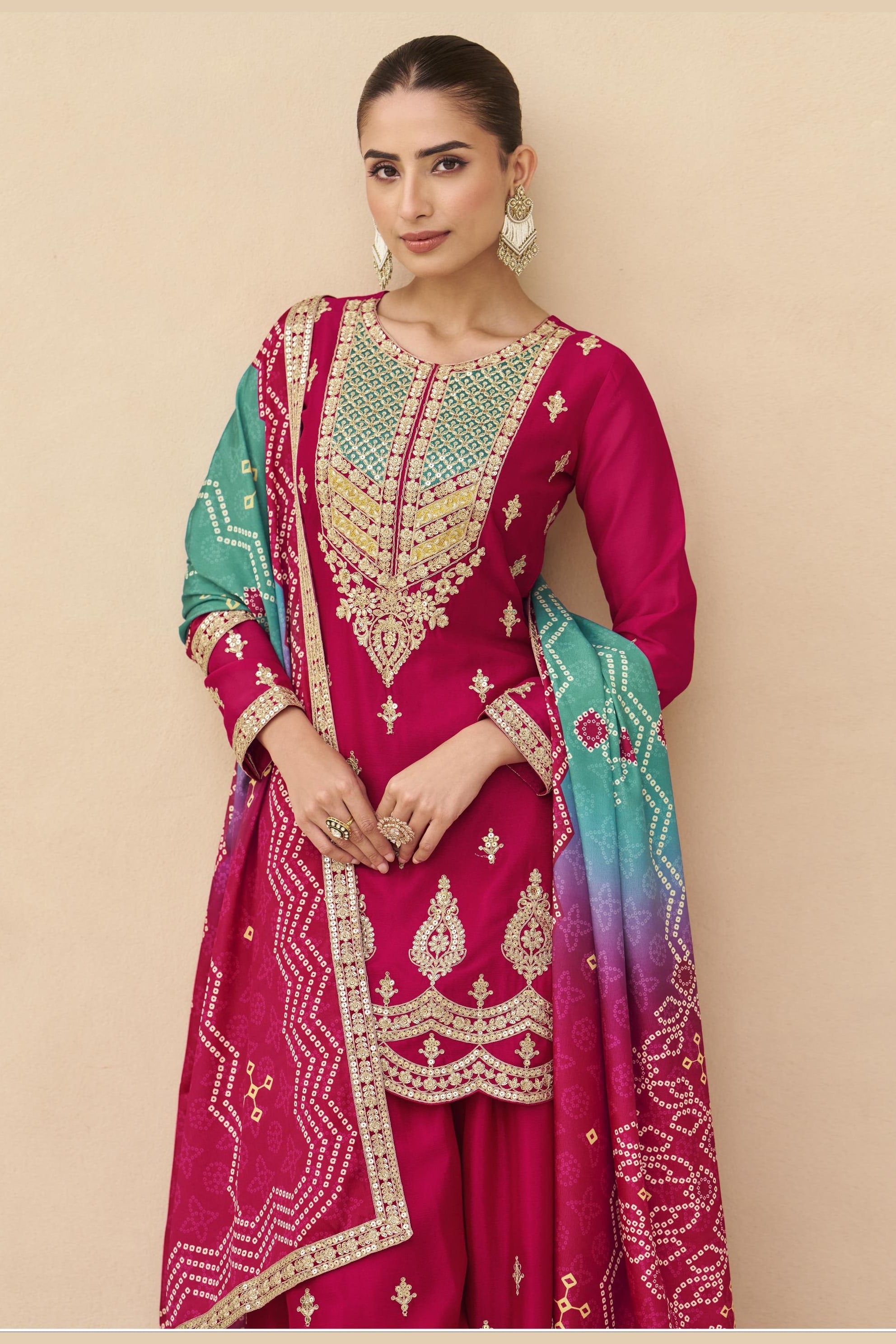 Red Chinon Silk Plazo Suit For Indian & Pakistani Wedding Festival - Sequins & Thread Embroidery Work, Print Work