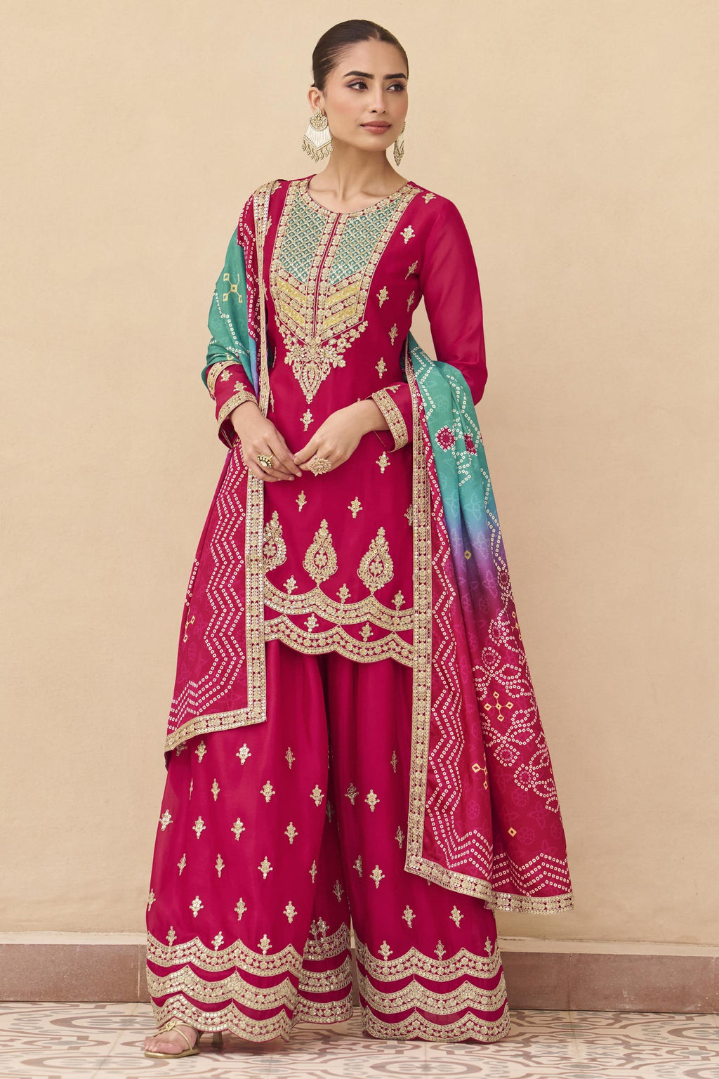 Red Chinon Silk Plazo Suit For Indian & Pakistani Wedding Festival - Sequins & Thread Embroidery Work, Print Work