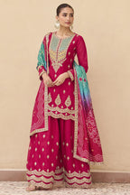 Red Chinon Silk Plazo Suit For Indian & Pakistani Wedding Festival - Sequins & Thread Embroidery Work, Print Work