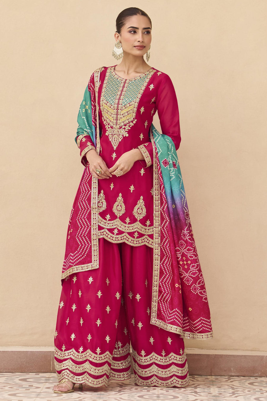 Red Chinon Silk Plazo Suit For Indian & Pakistani Wedding Festival - Sequins & Thread Embroidery Work, Print Work