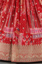 Red Chinon Silk Lehenga Choli For Indian & Pakistani Wedding Festival - Print Work, Dori Work, Zari Work