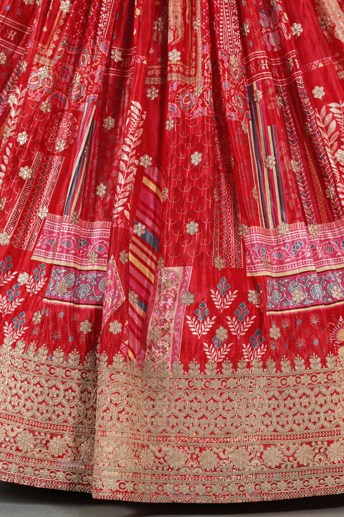 Red Chinon Silk Lehenga Choli For Indian & Pakistani Wedding Festival - Print Work, Dori Work, Zari Work